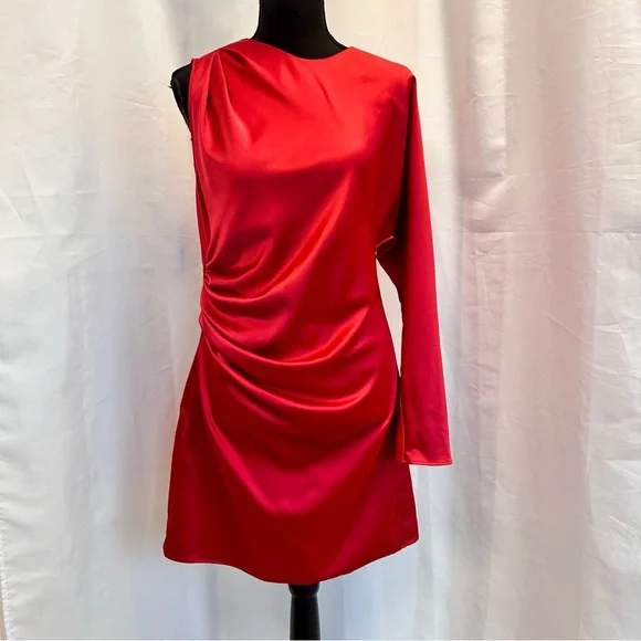 Zara red satin effect one sleeve asymetrical mini dress Sz L NWT - Picture 4 of 16